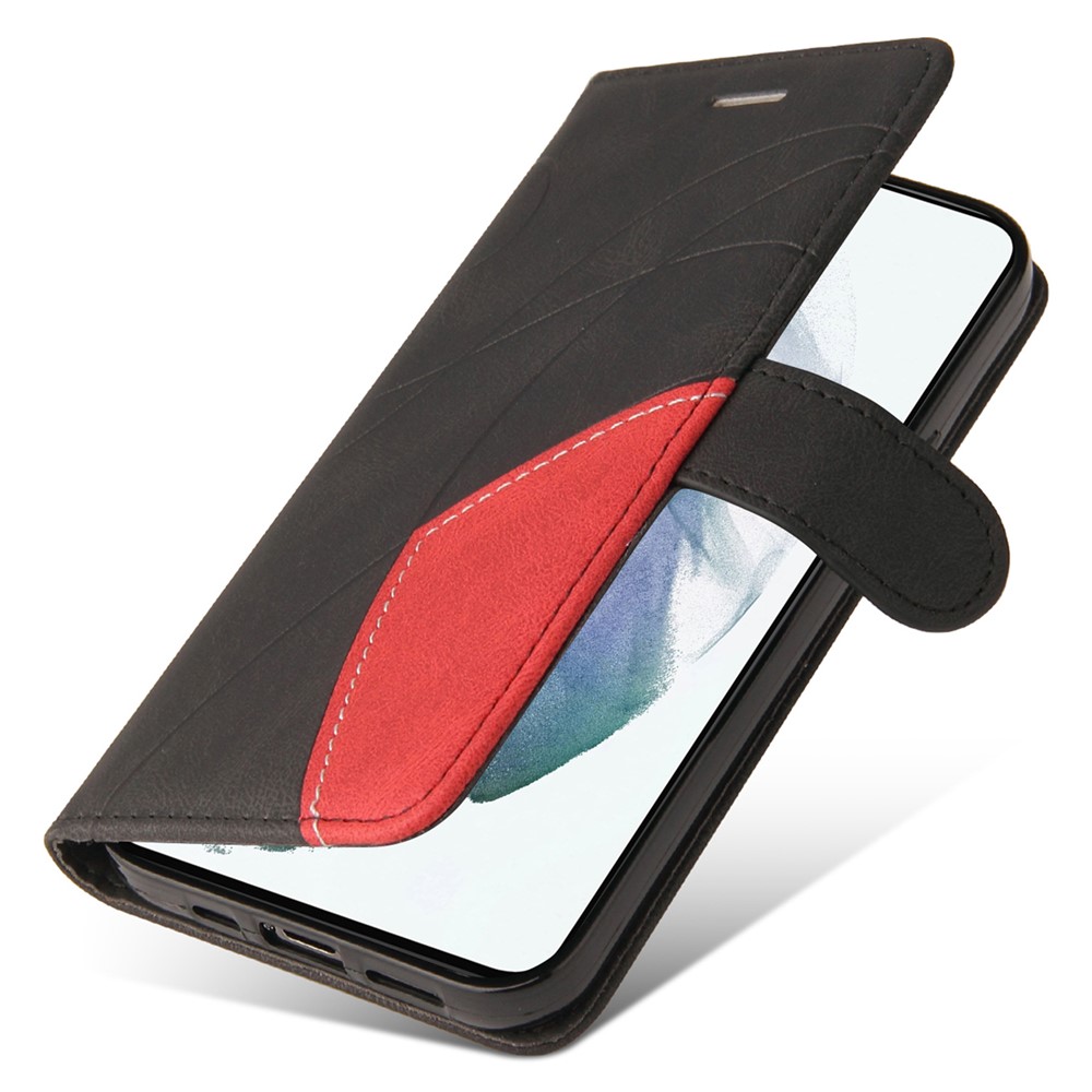 Anti-scratch Dual-color Splicing Style Flip Shell PU Leather Wrist Strap Phone Case with Wallet and Stand for Samsung Galaxy S22 - Black-9
