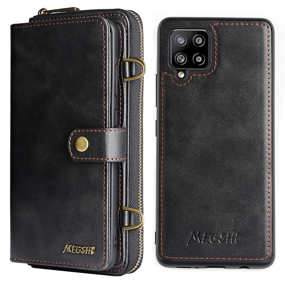 MEGSHI 020 Series Anti-fall Magnetic Detachable Design Shockproof PU Leather and TPU Wallet Cover with Long Strap for Samsung Galaxy A42 5G - Black-1