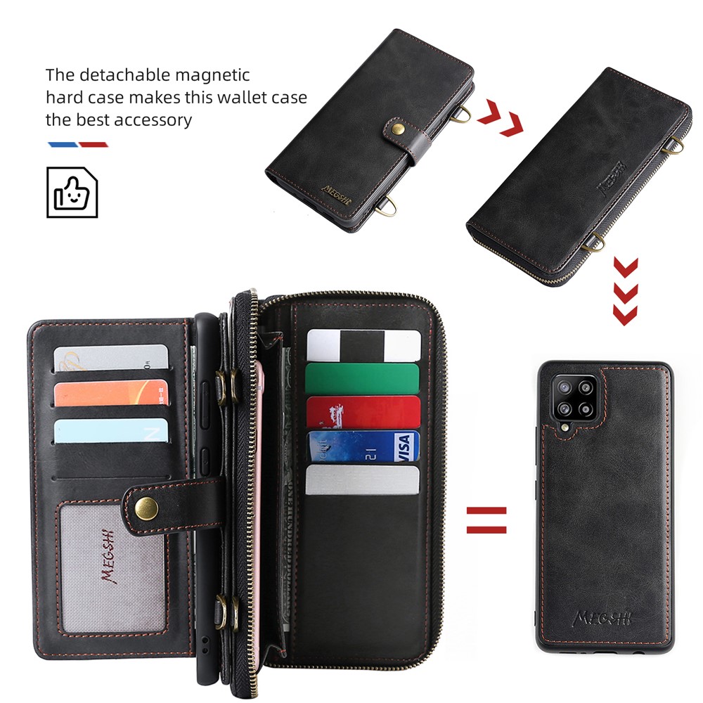 MEGSHI 020 Series Anti-fall Magnetic Detachable Design Shockproof PU Leather and TPU Wallet Cover with Long Strap for Samsung Galaxy A42 5G - Black-10