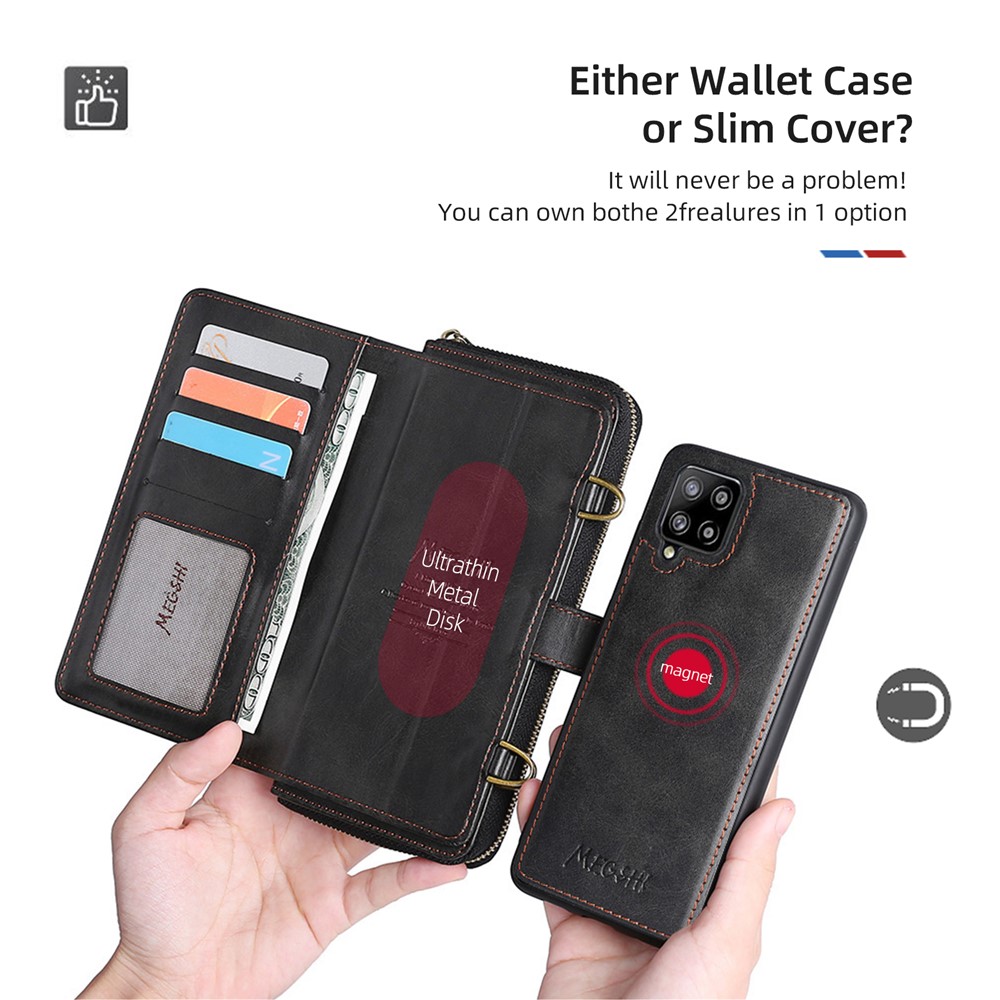 MEGSHI 020 Series Anti-fall Magnetic Detachable Design Shockproof PU Leather and TPU Wallet Cover with Long Strap for Samsung Galaxy A42 5G - Black-4