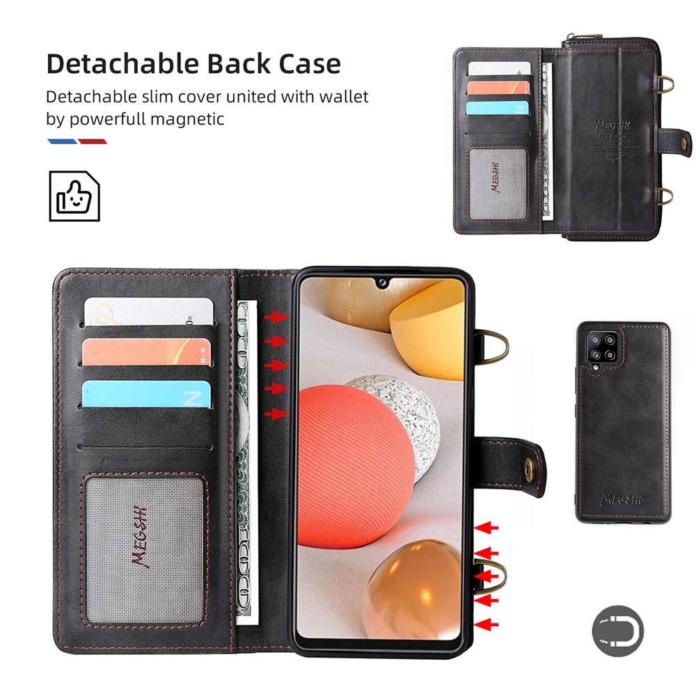 MEGSHI 020 Series Anti-fall Magnetic Detachable Design Shockproof PU Leather and TPU Wallet Cover with Long Strap for Samsung Galaxy A42 5G - Black-7
