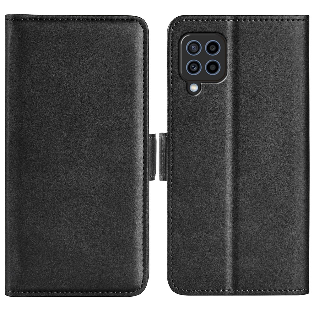 Phone Cover Stand Book Design PU Leather Flip Wallet Phone Case with Double Magnetic Clasps for Samsung Galaxy F22 - Black-1