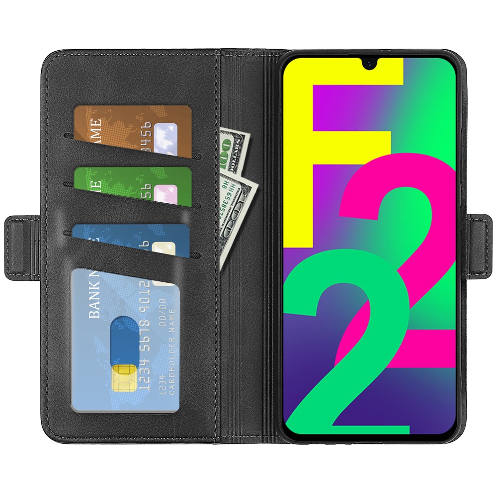Phone Cover Stand Book Design PU Leather Flip Wallet Phone Case with Double Magnetic Clasps for Samsung Galaxy F22 - Black-4