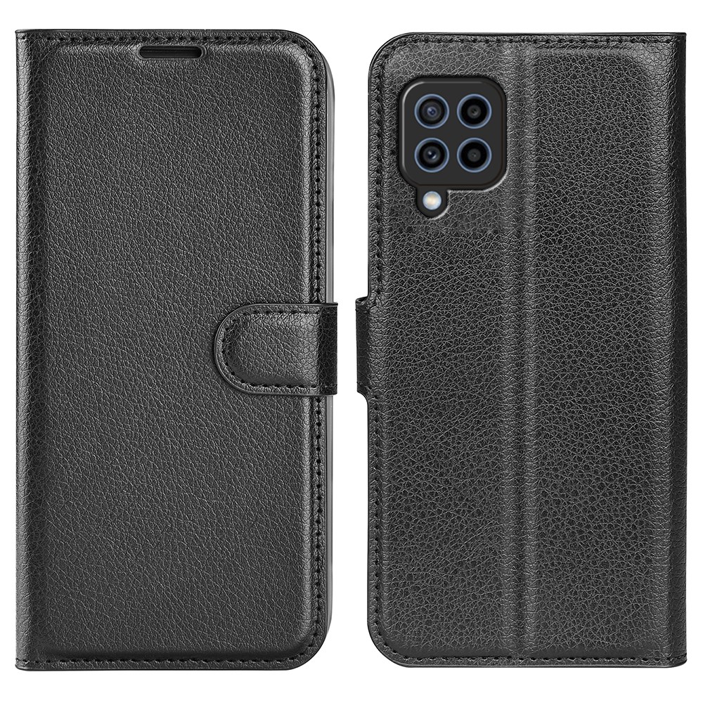 Shockproof Fashionable Litchi Texture PU Leather Wallet Case Stand Flip Folio Phone Cover for Samsung Galaxy F22 - Black-1