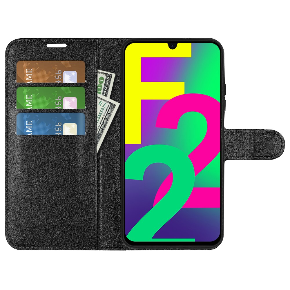 Shockproof Fashionable Litchi Texture PU Leather Wallet Case Stand Flip Folio Phone Cover for Samsung Galaxy F22 - Black-4