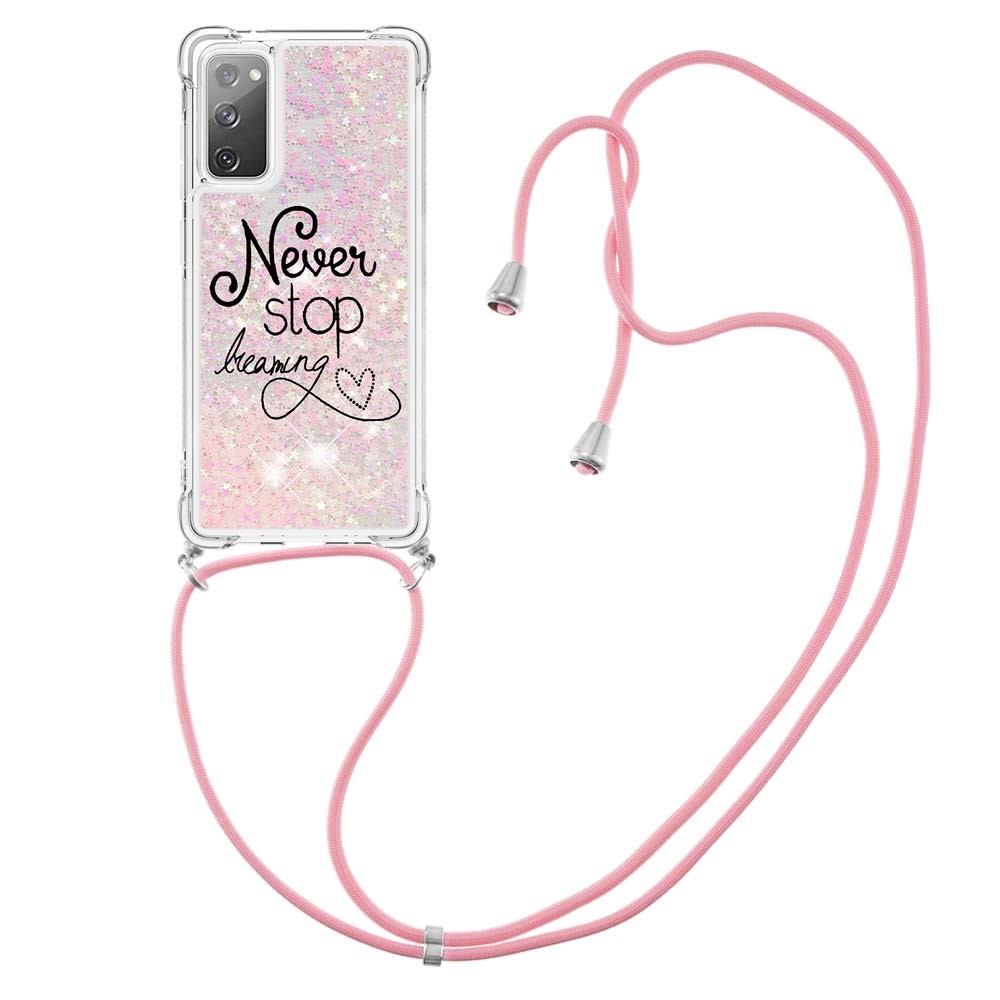 Sparkle Quicksand Series Soft TPU Pattern Printing Protective Back Case with Lanyard for Samsung Galaxy S20 FE 4G/5G - Never Stop Dreaming-1