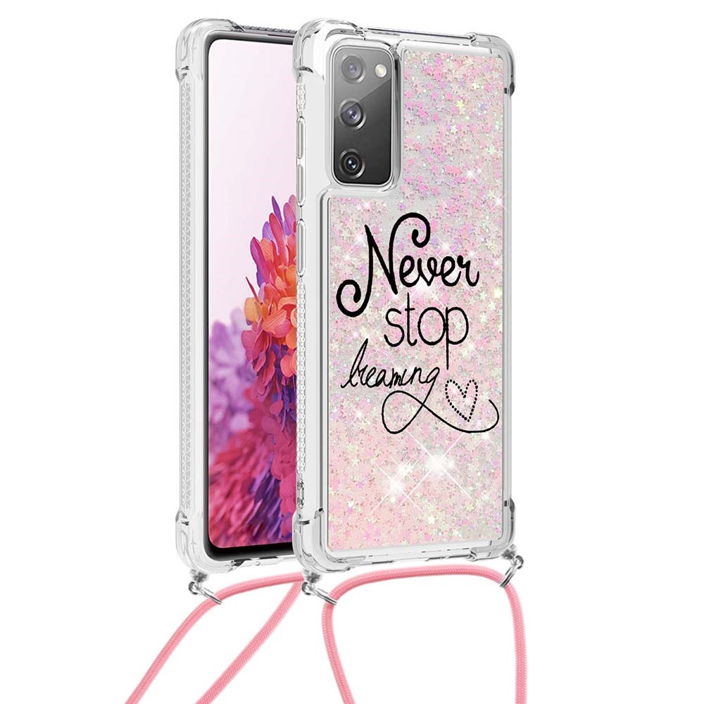 Sparkle Quicksand Series Soft TPU Pattern Printing Protective Back Case with Lanyard for Samsung Galaxy S20 FE 4G/5G - Never Stop Dreaming-2