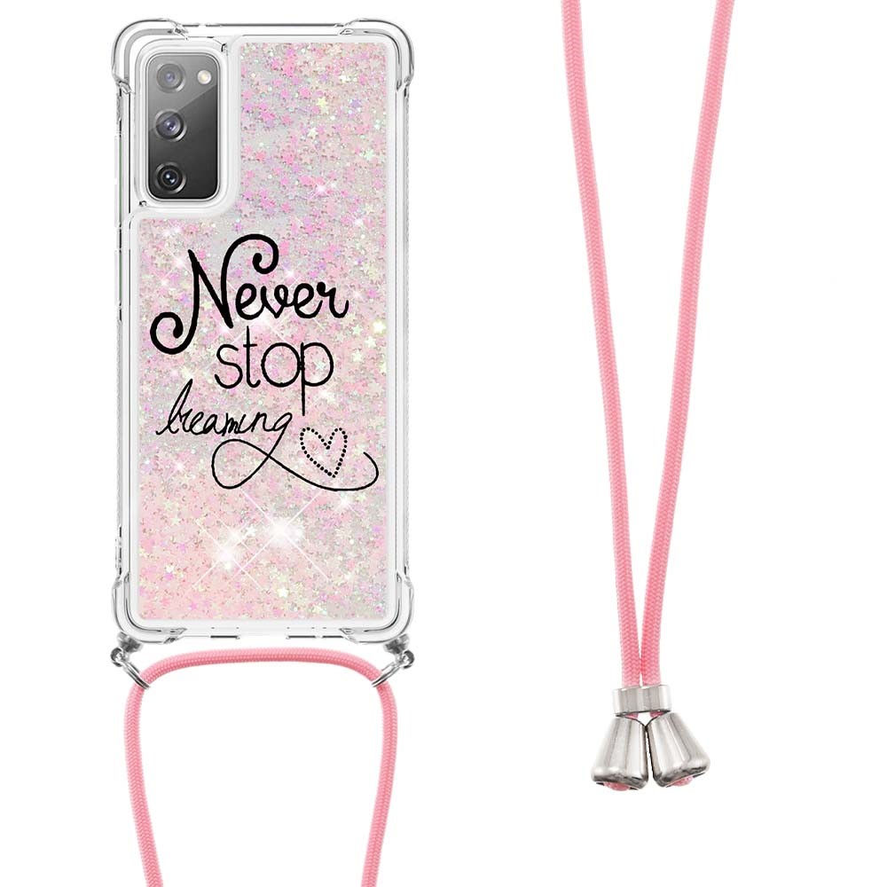 Sparkle Quicksand Series Soft TPU Pattern Printing Protective Back Case with Lanyard for Samsung Galaxy S20 FE 4G/5G - Never Stop Dreaming-3