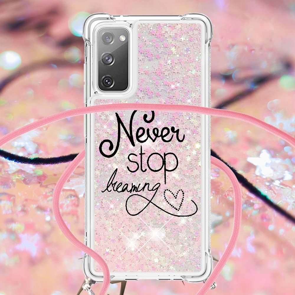 Sparkle Quicksand Series Soft TPU Pattern Printing Protective Back Case with Lanyard for Samsung Galaxy S20 FE 4G/5G - Never Stop Dreaming-4