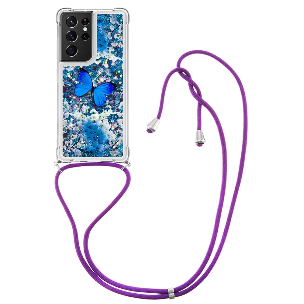 Pattern Printing Glitter Quicksand Case Soft TPU Bling Adorable Shine Protective Cover with Adjustable Lanyard for Samsung Galaxy S21 Ultra 5G - Blue Butterfly-1
