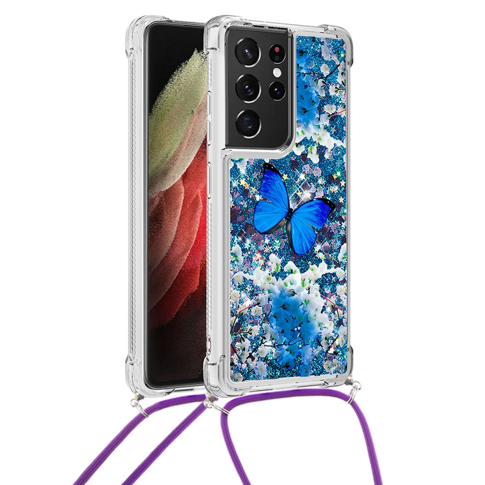 Pattern Printing Glitter Quicksand Case Soft TPU Bling Adorable Shine Protective Cover with Adjustable Lanyard for Samsung Galaxy S21 Ultra 5G - Blue Butterfly-2
