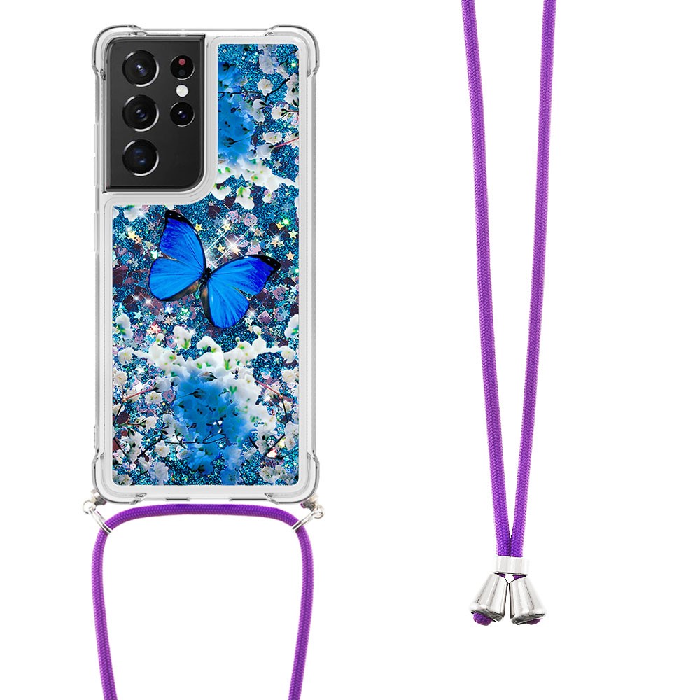 Pattern Printing Glitter Quicksand Case Soft TPU Bling Adorable Shine Protective Cover with Adjustable Lanyard for Samsung Galaxy S21 Ultra 5G - Blue Butterfly-3