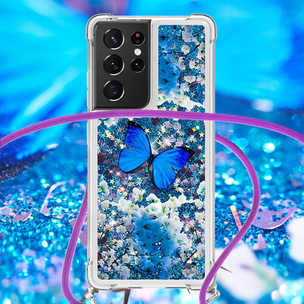Pattern Printing Glitter Quicksand Case Soft TPU Bling Adorable Shine Protective Cover with Adjustable Lanyard for Samsung Galaxy S21 Ultra 5G - Blue Butterfly-4