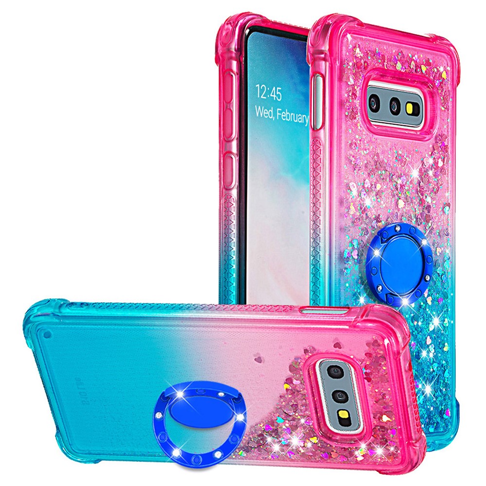 TPU Phone Back Cover Gradient Quicksand Flowing Liquid Glitter Ring Kickstand Design Phone Case for Samsung Galaxy S10e - Pink/Sky Blue-1