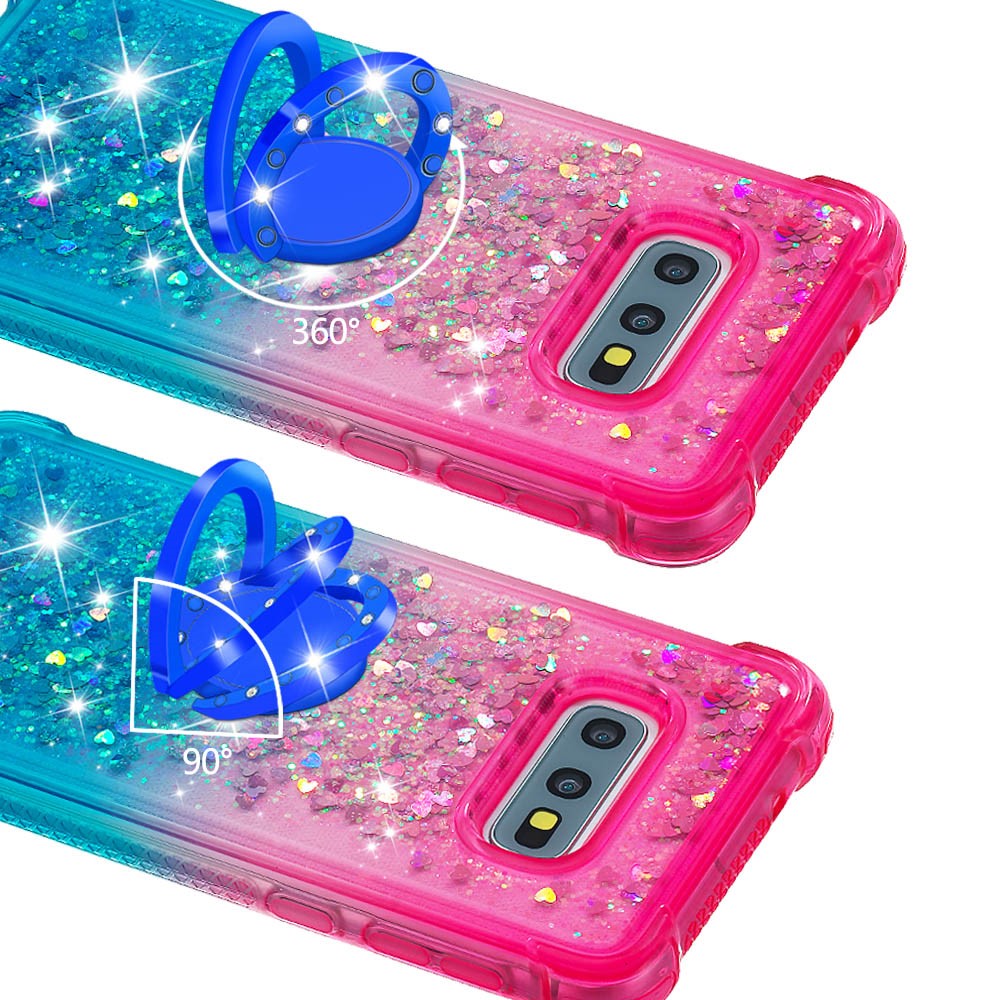 TPU Phone Back Cover Gradient Quicksand Flowing Liquid Glitter Ring Kickstand Design Phone Case for Samsung Galaxy S10e - Pink/Sky Blue-2