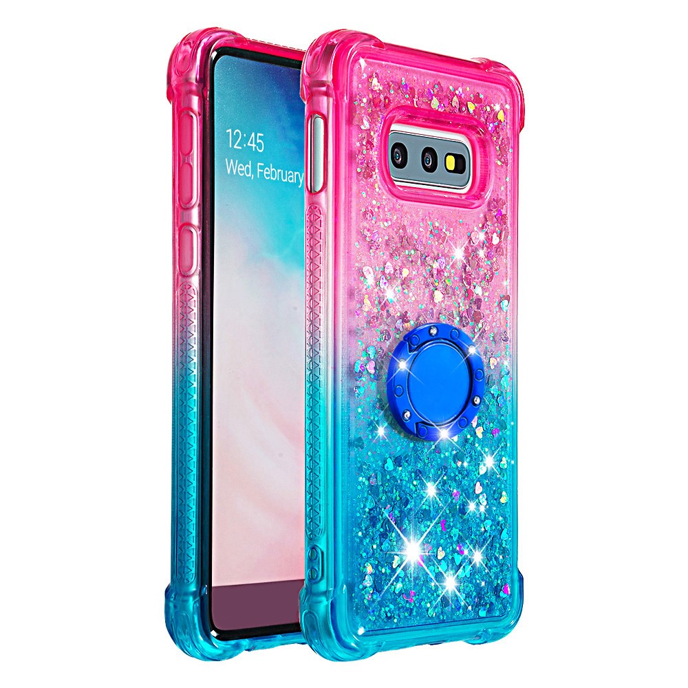 TPU Phone Back Cover Gradient Quicksand Flowing Liquid Glitter Ring Kickstand Design Phone Case for Samsung Galaxy S10e - Pink/Sky Blue-3