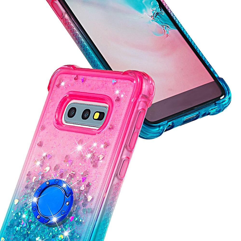 TPU Phone Back Cover Gradient Quicksand Flowing Liquid Glitter Ring Kickstand Design Phone Case for Samsung Galaxy S10e - Pink/Sky Blue-4