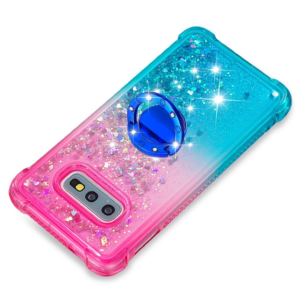 TPU Phone Back Cover Gradient Quicksand Flowing Liquid Glitter Ring Kickstand Design Phone Case for Samsung Galaxy S10e - Pink/Sky Blue-6