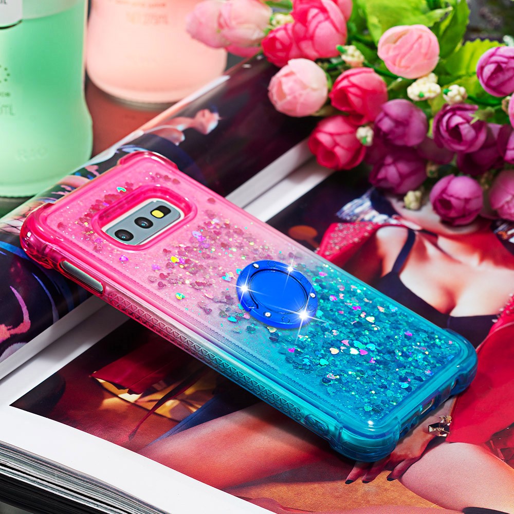 TPU Phone Back Cover Gradient Quicksand Flowing Liquid Glitter Ring Kickstand Design Phone Case for Samsung Galaxy S10e - Pink/Sky Blue-7