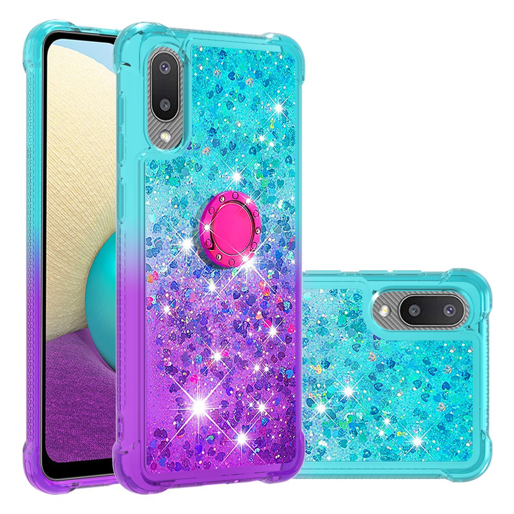TPU Phone Shell Gradient Quicksand Flowing Liquid Glitter Ring Kickstand Design Phone Case for Samsung Galaxy A02/M02 (Global Version) - Sky Blue/Purple-1