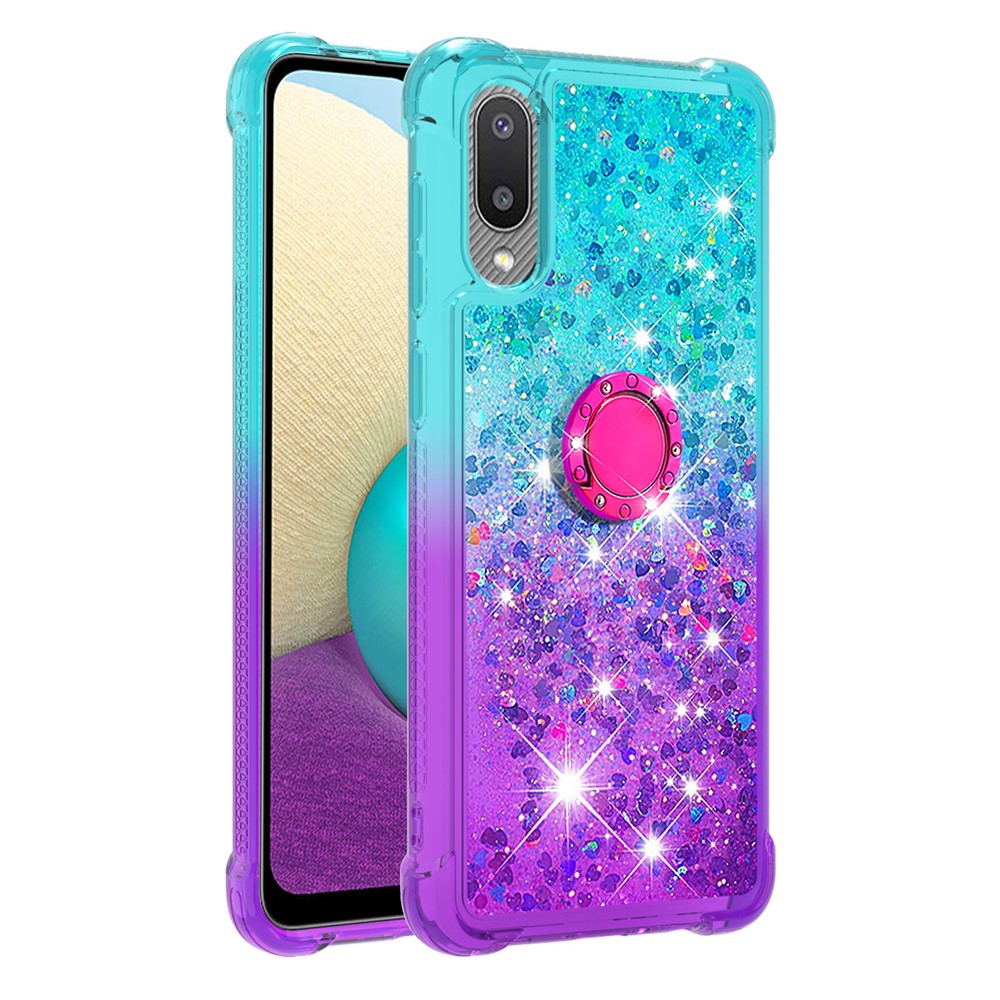 TPU Phone Shell Gradient Quicksand Flowing Liquid Glitter Ring Kickstand Design Phone Case for Samsung Galaxy A02/M02 (Global Version) - Sky Blue/Purple-3
