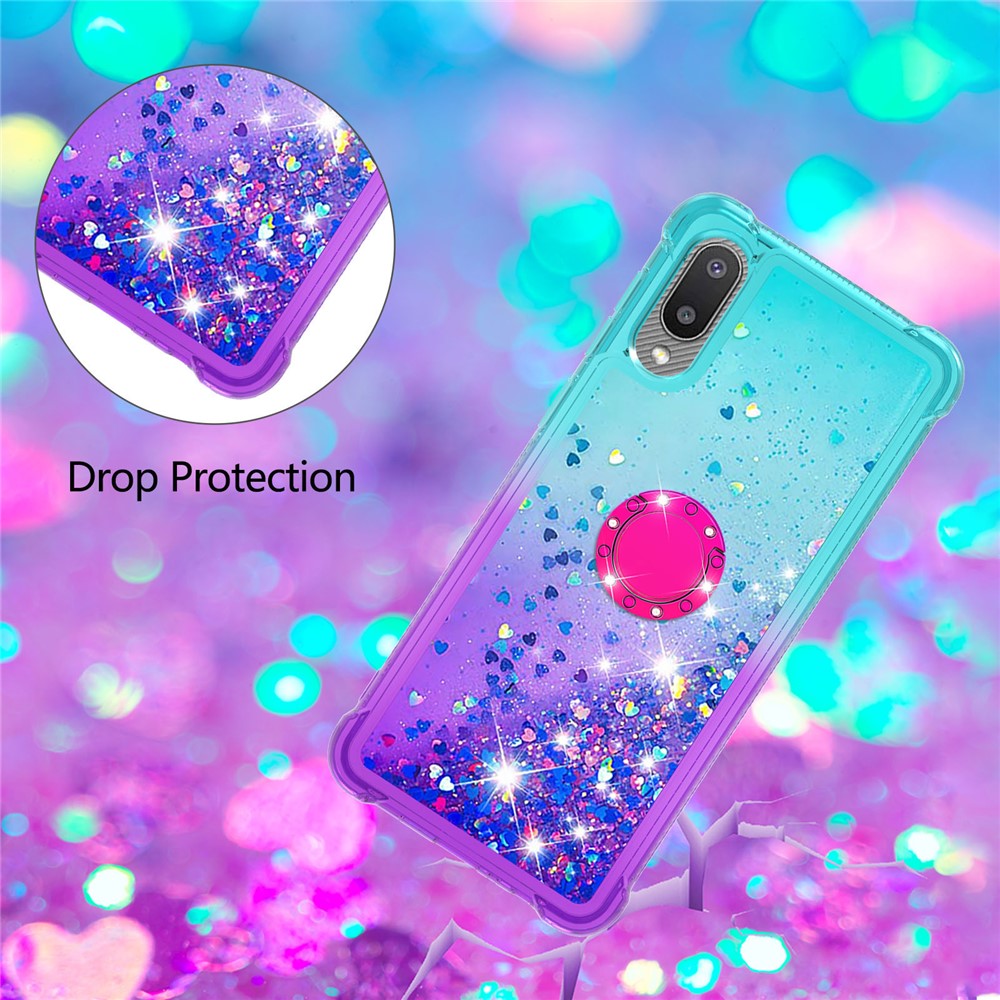 TPU Phone Shell Gradient Quicksand Flowing Liquid Glitter Ring Kickstand Design Phone Case for Samsung Galaxy A02/M02 (Global Version) - Sky Blue/Purple-4