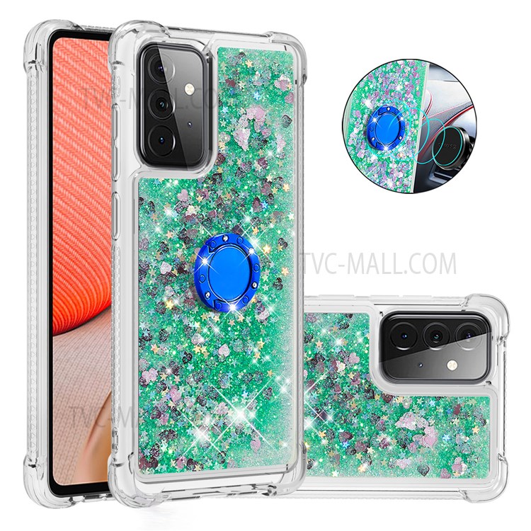 Quicksand Glitter Flowing Liquid Phone Case Anti-drop Scratch-resistant TPU Shell with Ring Holder Kickstand for Samsung Galaxy A72 4G/5G - Green Hearts-1