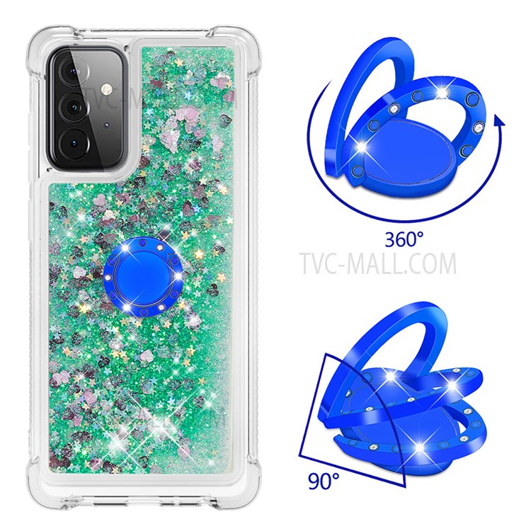 Quicksand Glitter Flowing Liquid Phone Case Anti-drop Scratch-resistant TPU Shell with Ring Holder Kickstand for Samsung Galaxy A72 4G/5G - Green Hearts-2