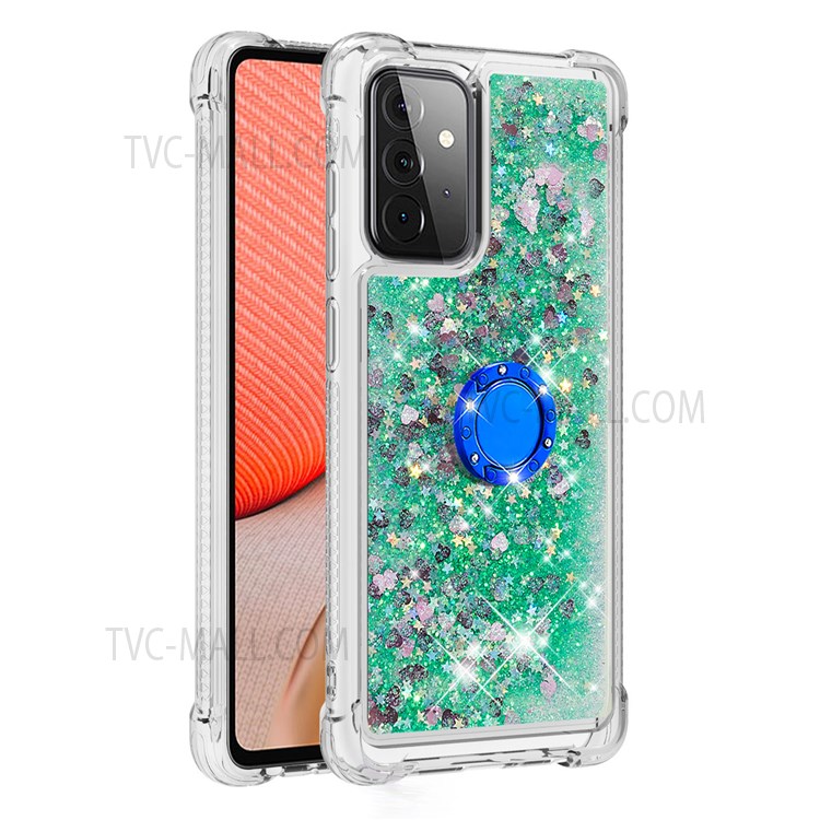Quicksand Glitter Flowing Liquid Phone Case Anti-drop Scratch-resistant TPU Shell with Ring Holder Kickstand for Samsung Galaxy A72 4G/5G - Green Hearts-3