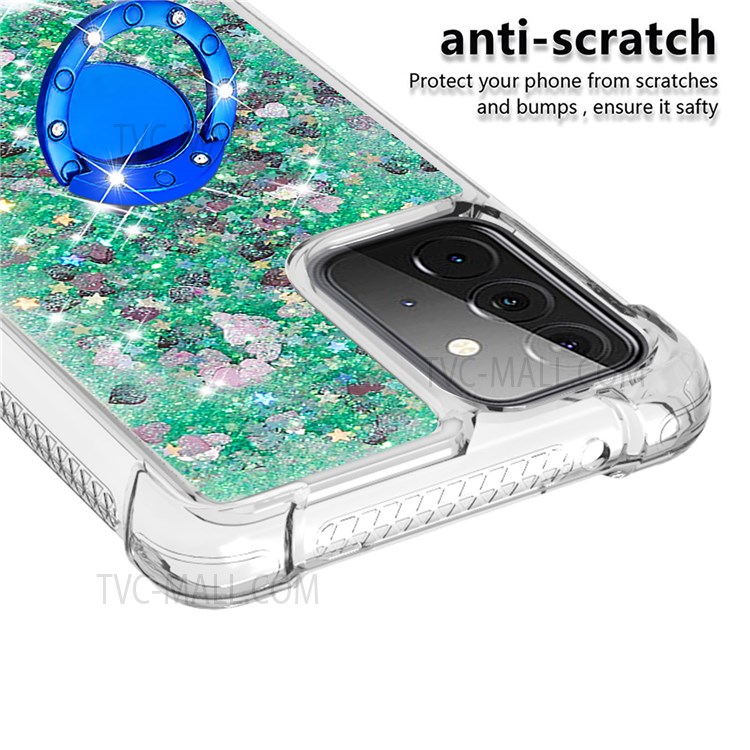 Quicksand Glitter Flowing Liquid Phone Case Anti-drop Scratch-resistant TPU Shell with Ring Holder Kickstand for Samsung Galaxy A72 4G/5G - Green Hearts-4