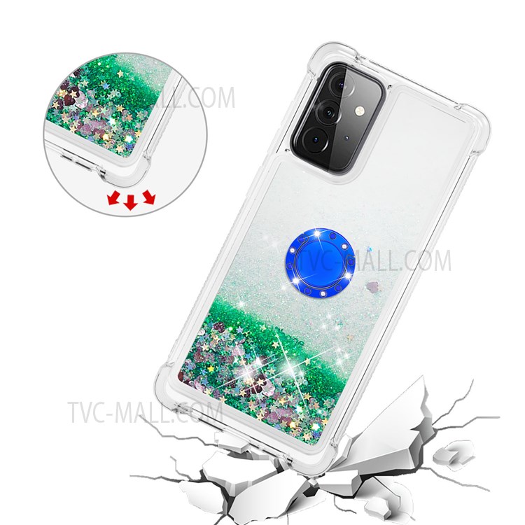 Quicksand Glitter Flowing Liquid Phone Case Anti-drop Scratch-resistant TPU Shell with Ring Holder Kickstand for Samsung Galaxy A72 4G/5G - Green Hearts-5