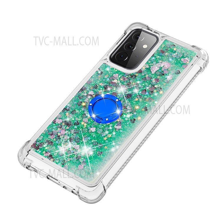 Quicksand Glitter Flowing Liquid Phone Case Anti-drop Scratch-resistant TPU Shell with Ring Holder Kickstand for Samsung Galaxy A72 4G/5G - Green Hearts-6