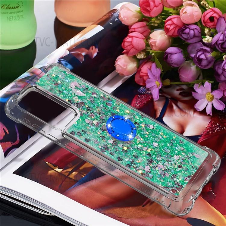 Quicksand Glitter Flowing Liquid Phone Case Anti-drop Scratch-resistant TPU Shell with Ring Holder Kickstand for Samsung Galaxy A72 4G/5G - Green Hearts-7