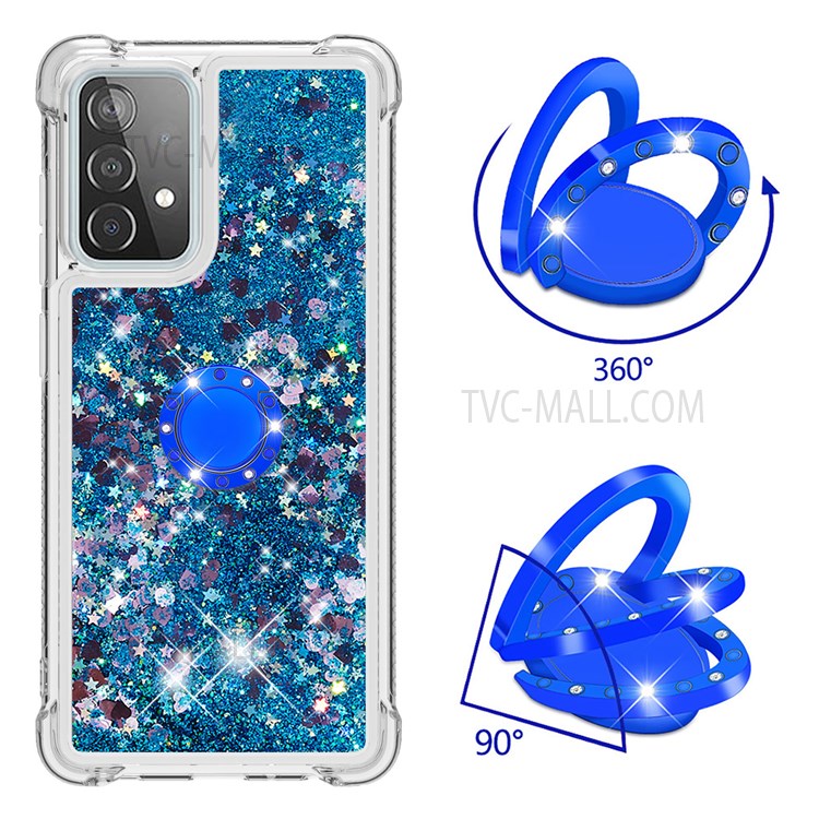 Quicksand Glitter Flowing Liquid Phone Case Rotating Ring Holder Kickstand Design Drop-proof TPU Shell for Samsung Galaxy A52 4G/5G/A52s 4G - Blue Hearts-2