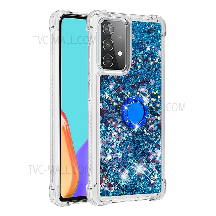 Quicksand Glitter Flowing Liquid Phone Case Rotating Ring Holder Kickstand Design Drop-proof TPU Shell for Samsung Galaxy A52 4G/5G/A52s 4G - Blue Hearts-3
