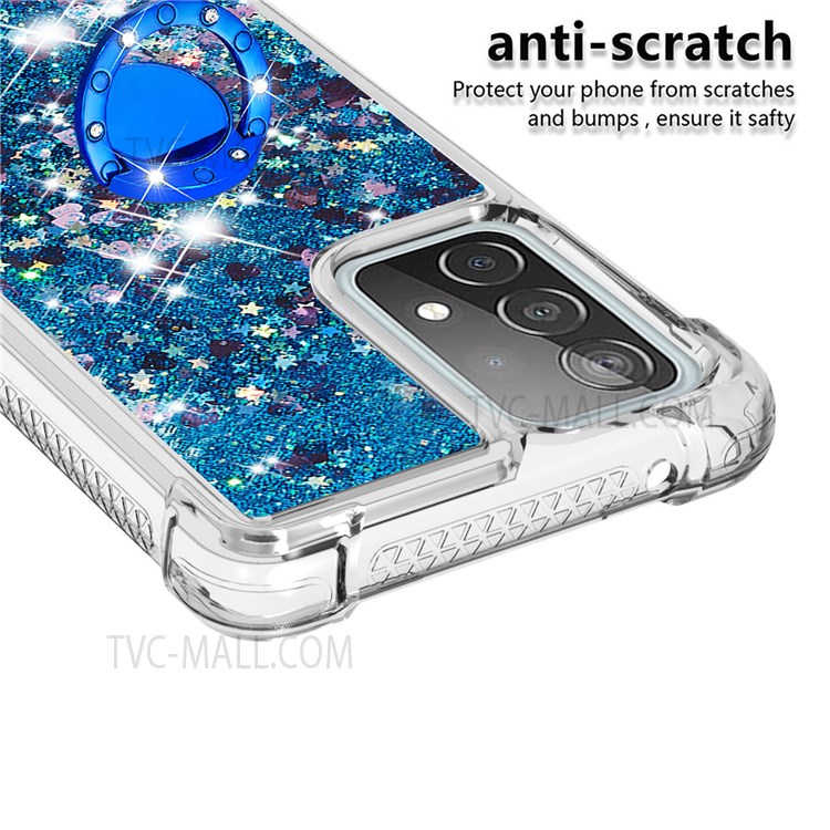 Quicksand Glitter Flowing Liquid Phone Case Rotating Ring Holder Kickstand Design Drop-proof TPU Shell for Samsung Galaxy A52 4G/5G/A52s 4G - Blue Hearts-4