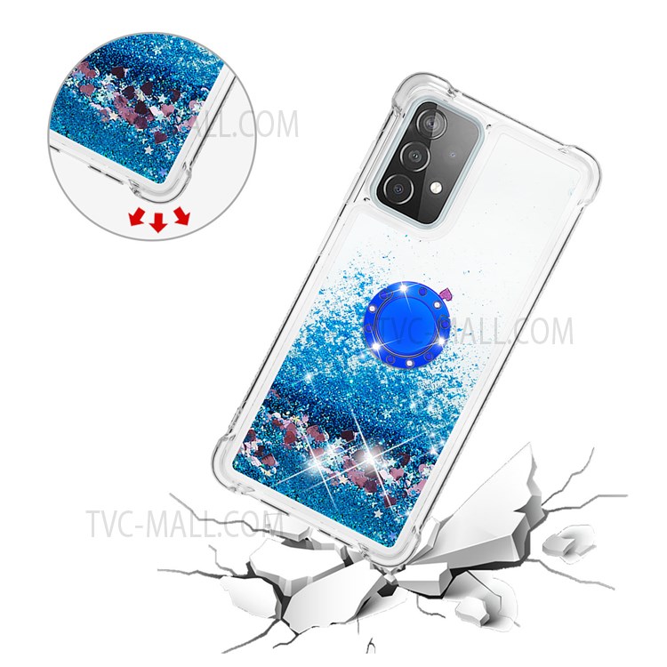 Quicksand Glitter Flowing Liquid Phone Case Rotating Ring Holder Kickstand Design Drop-proof TPU Shell for Samsung Galaxy A52 4G/5G/A52s 4G - Blue Hearts-5