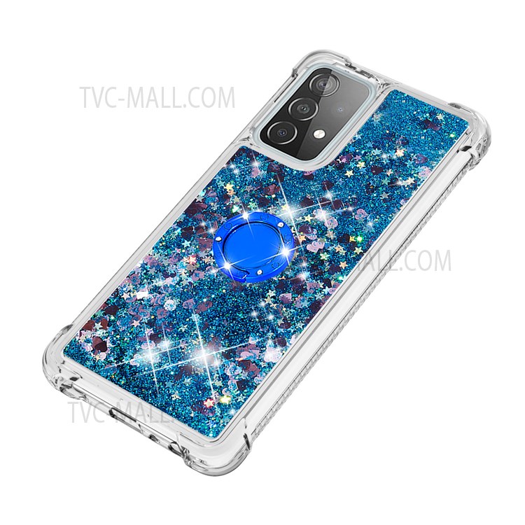 Quicksand Glitter Flowing Liquid Phone Case Rotating Ring Holder Kickstand Design Drop-proof TPU Shell for Samsung Galaxy A52 4G/5G/A52s 4G - Blue Hearts-6