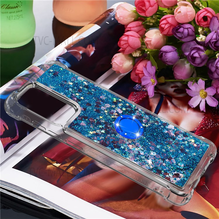 Quicksand Glitter Flowing Liquid Phone Case Rotating Ring Holder Kickstand Design Drop-proof TPU Shell for Samsung Galaxy A52 4G/5G/A52s 4G - Blue Hearts-7