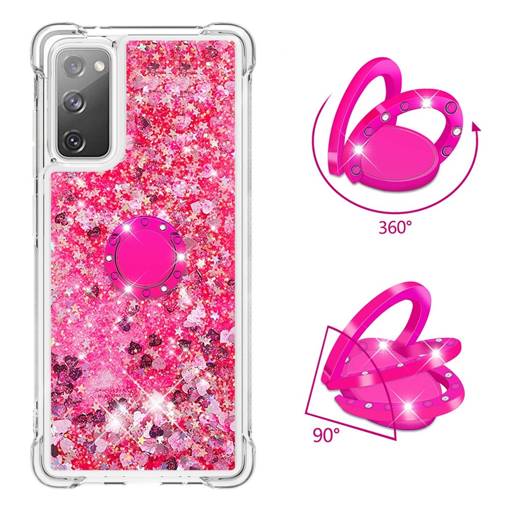 Fro Samsung Galaxy S20 FE 4G/5G/S20 Fan Edition 4G/5G Quicksand Glitter Flowing Liquid Anti-drop Ring Holder Kickstand Design TPU Cover - Pink Heart-2