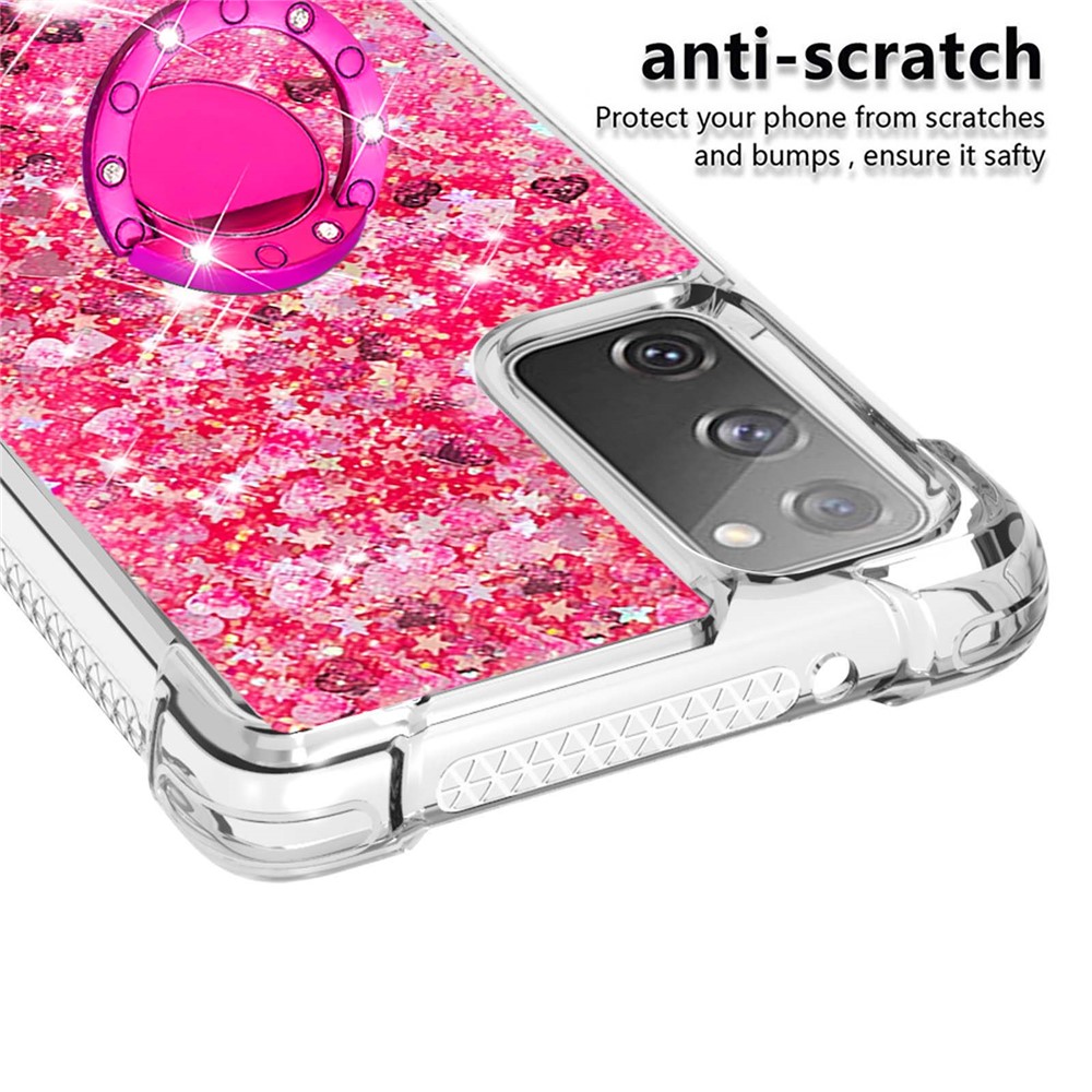 Fro Samsung Galaxy S20 FE 4G/5G/S20 Fan Edition 4G/5G Quicksand Glitter Flowing Liquid Anti-drop Ring Holder Kickstand Design TPU Cover - Pink Heart-4
