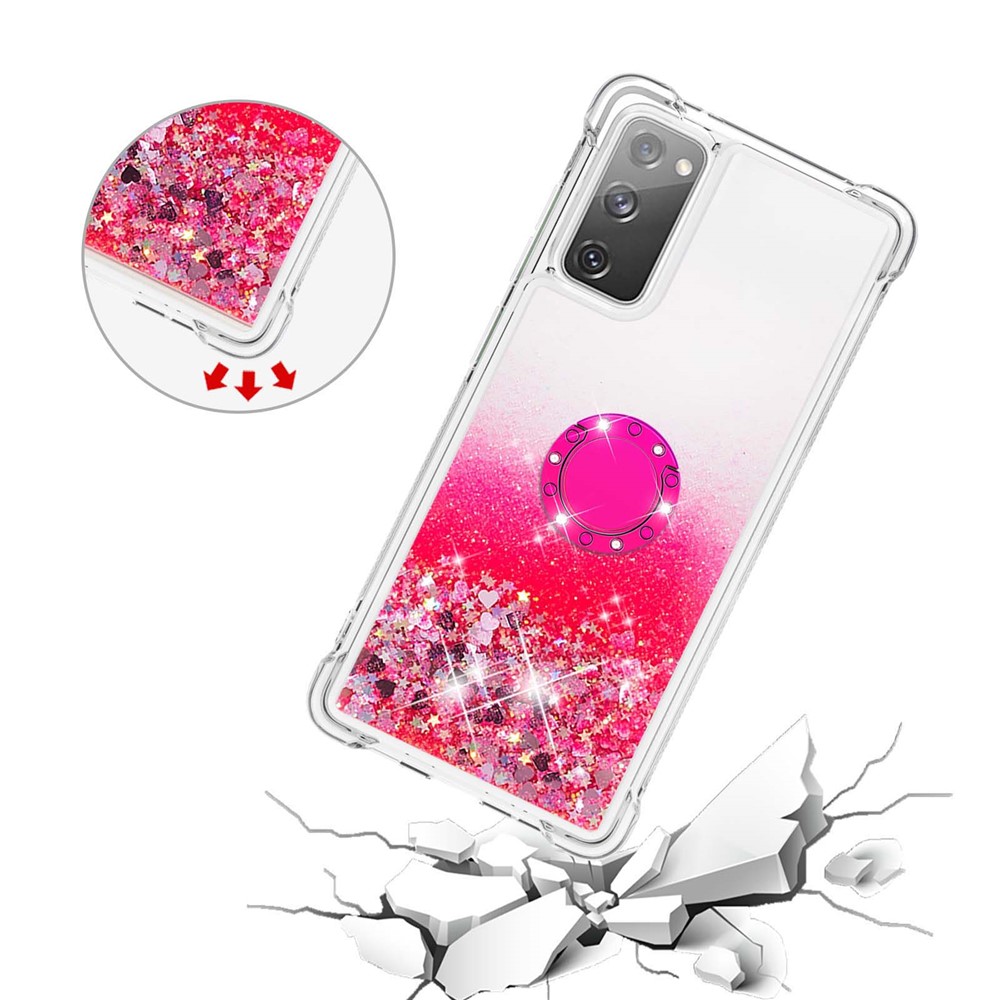 Fro Samsung Galaxy S20 FE 4G/5G/S20 Fan Edition 4G/5G Quicksand Glitter Flowing Liquid Anti-drop Ring Holder Kickstand Design TPU Cover - Pink Heart-5