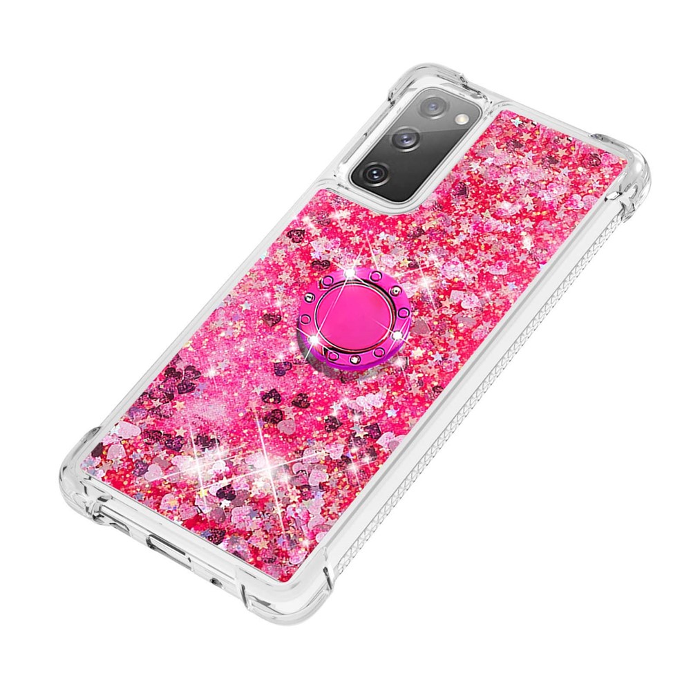 Fro Samsung Galaxy S20 FE 4G/5G/S20 Fan Edition 4G/5G Quicksand Glitter Flowing Liquid Anti-drop Ring Holder Kickstand Design TPU Cover - Pink Heart-6