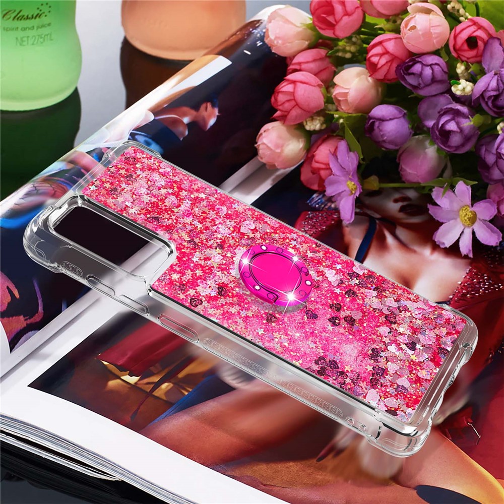 Fro Samsung Galaxy S20 FE 4G/5G/S20 Fan Edition 4G/5G Quicksand Glitter Flowing Liquid Anti-drop Ring Holder Kickstand Design TPU Cover - Pink Heart-7