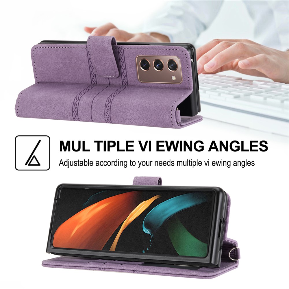 For Samsung Galaxy Z Fold2 5G Practical Wallet Card Slots Phone Flip Case Imprinted Pattern Anti-Scratch Stylish PU Leather+TPU Phone Cover with Stand - Light Purple-7