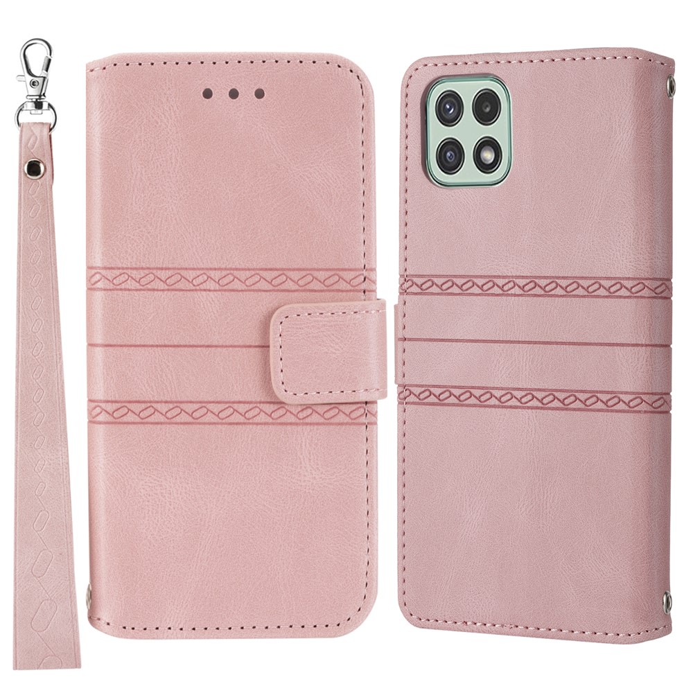 Convenient Lanyard Soft PU Leather and TPU Imprinted Pattern Wallet Phone Case Cover with Stand for Samsung Galaxy A03 (EU Version) - Pink-1