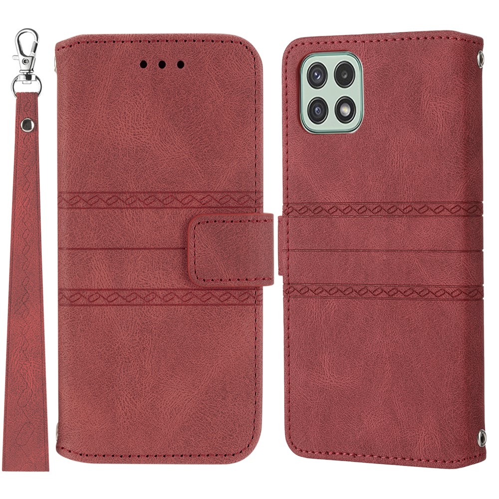 Premium PU Leather and Soft TPU Imprinted Pattern Anti-Scratch Stylish Wallet Phone Case Cover with Stand for Samsung Galaxy A03 (Global Version) - Red-1