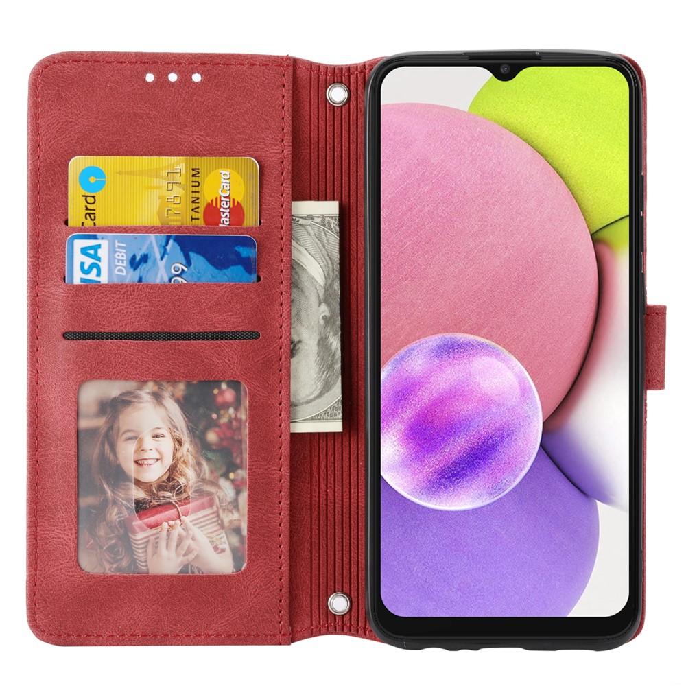 Premium PU Leather and Soft TPU Imprinted Pattern Anti-Scratch Stylish Wallet Phone Case Cover with Stand for Samsung Galaxy A03 (Global Version) - Red-4