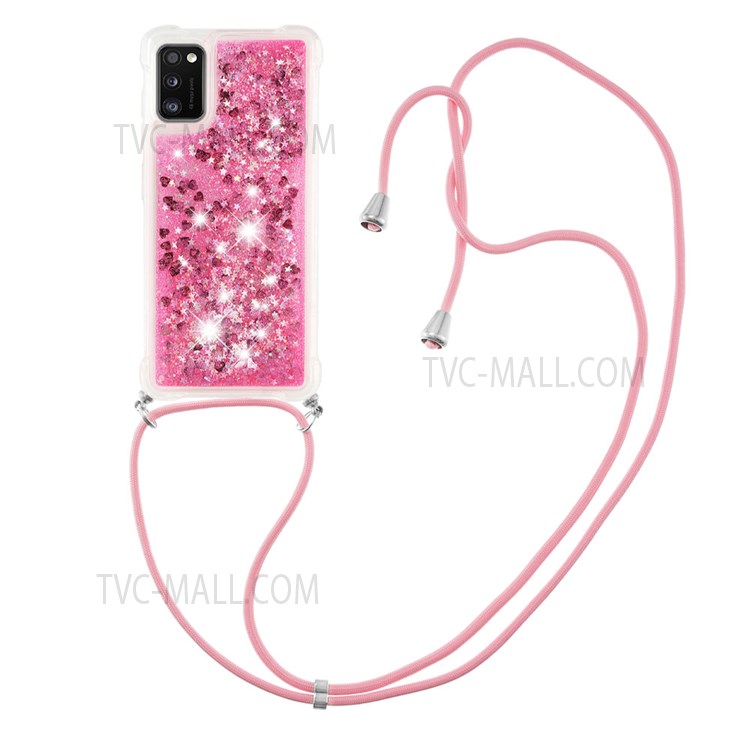Glitter Quicksand Drop-proof Anti-scratch Soft TPU Phone Case Shell with Adjustable Lanyard for Samsung Galaxy A41 (Global Version) - Pink Hearts-1