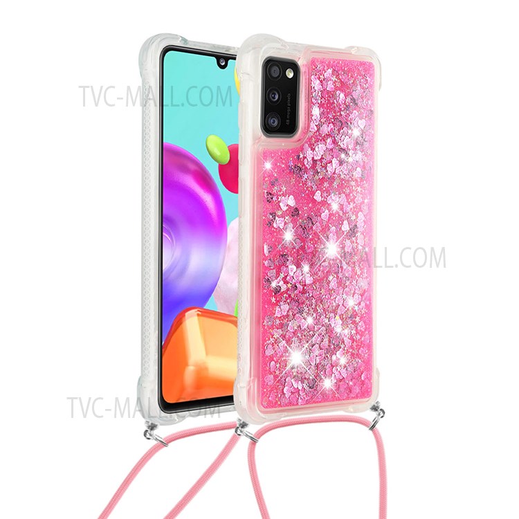 Glitter Quicksand Drop-proof Anti-scratch Soft TPU Phone Case Shell with Adjustable Lanyard for Samsung Galaxy A41 (Global Version) - Pink Hearts-2